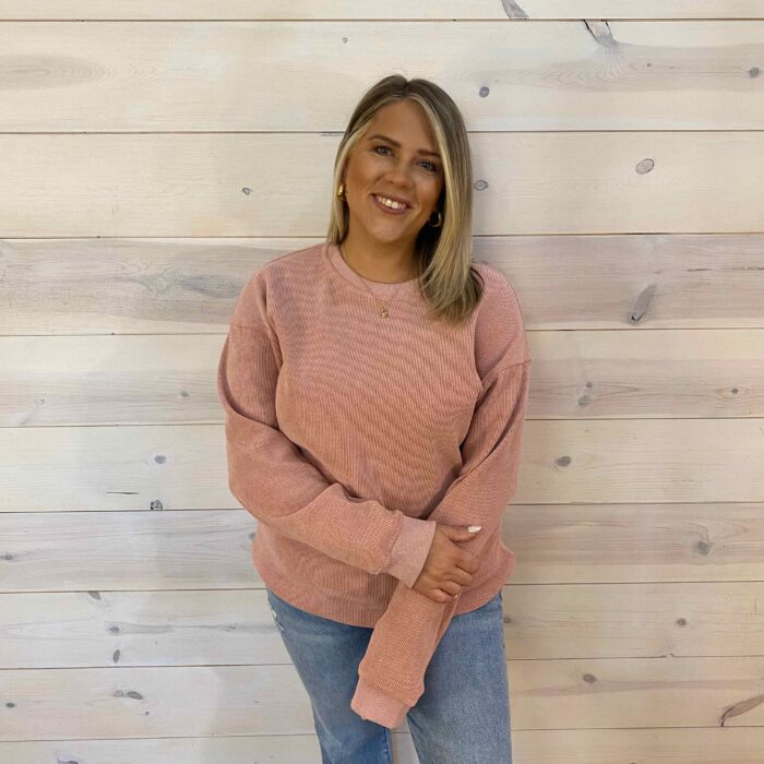 Custom Solid Ribbed Knit Round Neck Pullover Sweatshirt