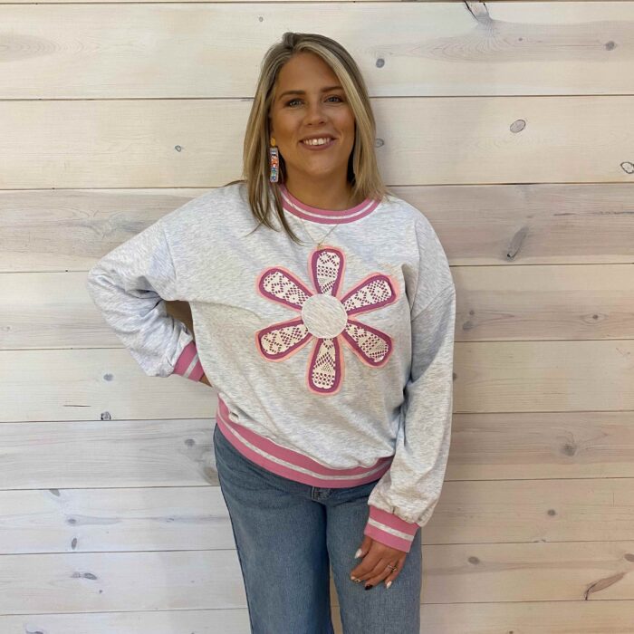 Flower Patch Contrast Trim Crew Neck Sweatshirt