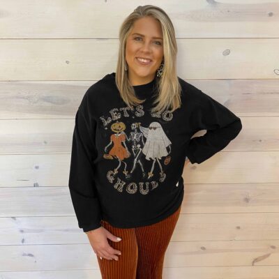 Let's Go Ghouls Halloween Spooky Crew Neck Pumpkin Skull Pullover Sweatshirt