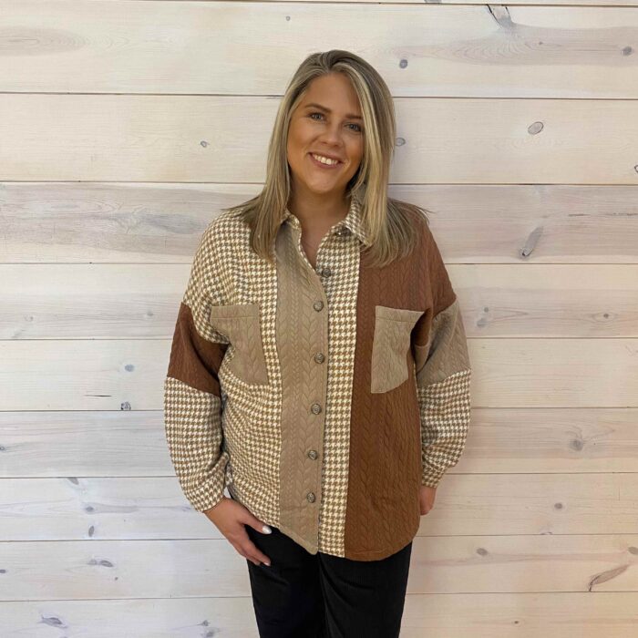 Houndstooth Color Contrast Textured Patchwork Button Up Loose Shacket