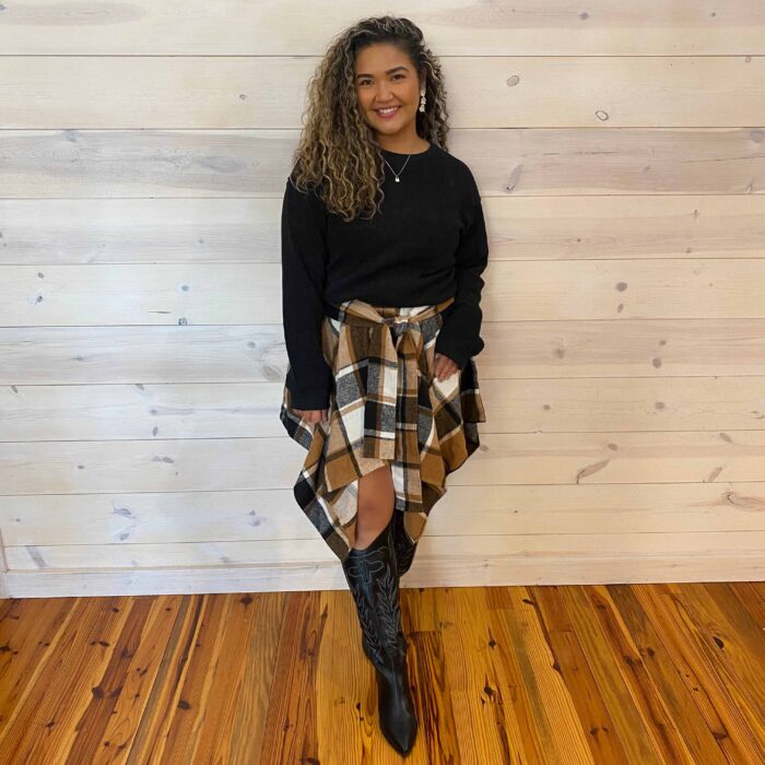 Stylish Paneled Checkered Lace-Up Skirt