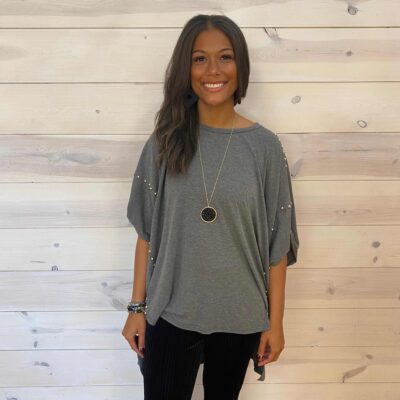 Casual Roll Up Sleeve Studded Washed High Low Hem Oversized Tee