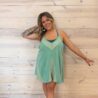 100% Cotton Woven Waffle Patchwork V-Neck Crisscross Back Mini Dress