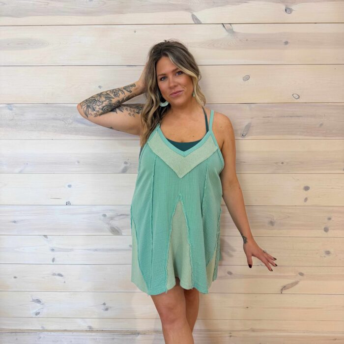 100% Cotton Woven Waffle Patchwork V-Neck Crisscross Back Mini Dress