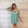 100% Cotton Woven Waffle Patchwork V-Neck Crisscross Back Mini Dress