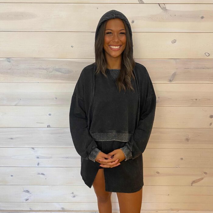 Washed Cropped Hoodie And Mini Skort Set With Inside Front Short Pocket