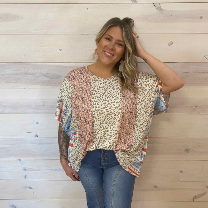 Color Block Leopard Floral Bat Wing Sleeves Blouse