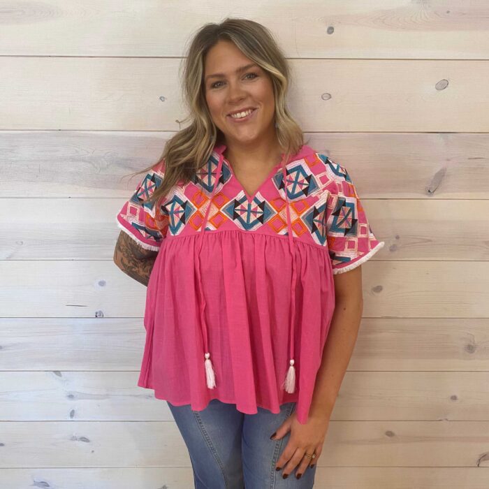 100% Cotton Geometric Embroidered Tassel Tie Blouse