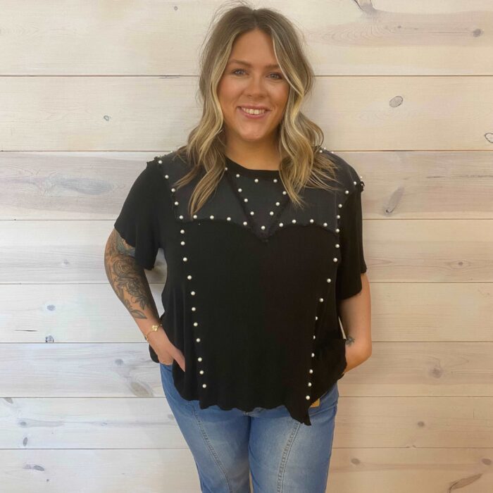 Oversized 1/2 Sleeve Pearl Detail Ribbed Top