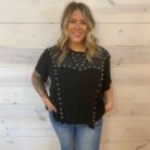 Oversized 1/2 Sleeve Pearl Detail Ribbed Top