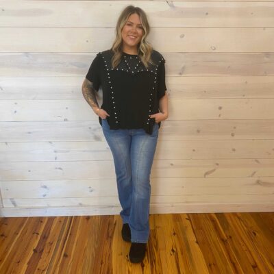 Oversized 1/2 Sleeve Pearl Detail Ribbed Top