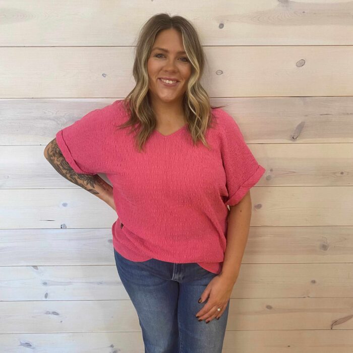 Crinkle V Neck Cuffed Short Sleeve Top