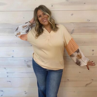 Polka Dot Palm Frond Patchwork Puff Long Sleeve V Neck Blouse