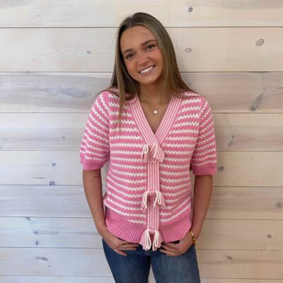 Valentines Stripe Knit Contrast Trim Bow Knot Sweater