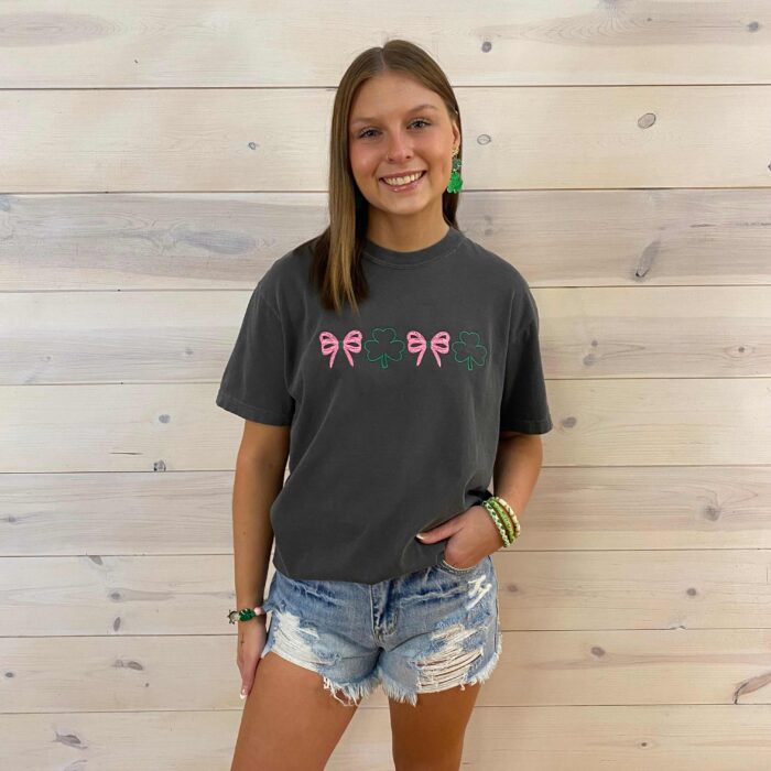 St. Patrick’s Day Embroidered Shamrock Bows Graphic Tee