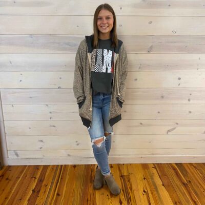 Animal Print Zip Up Drawstring Hoodie With Pockets