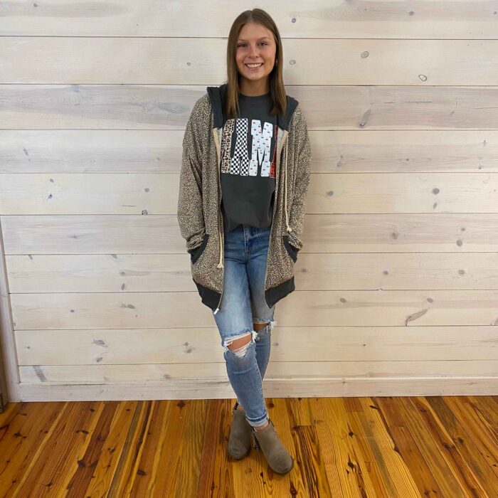 Animal Print Zip Up Drawstring Hoodie With Pockets