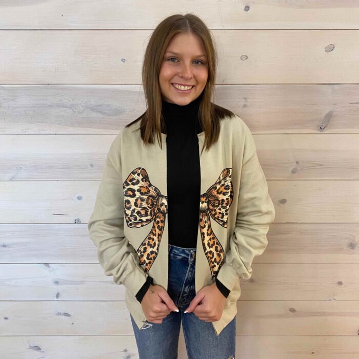 Leopard Bow Crew Neck Long Sleeve Sweatshirt Cardigan