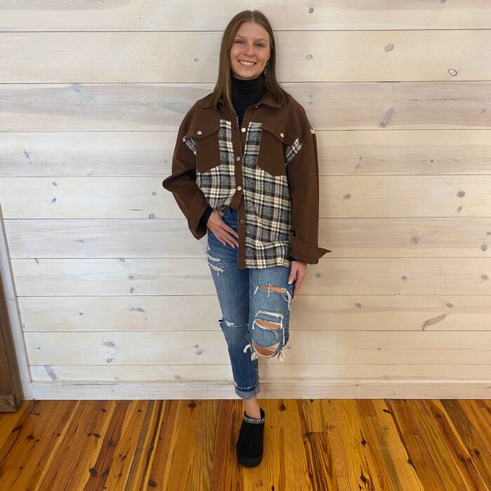 Collared Plaid Splicing Open Button Jacket