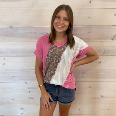 Color Block Patchwork V-Neck Short Sleeve Top