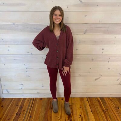 Solid Rib Drop Shoulder Button V-Neck Balloon Sleeve Cardigan With Pockets