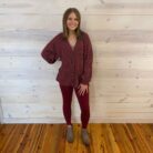 Solid Rib Drop Shoulder Button V-Neck Balloon Sleeve Cardigan With Pockets