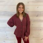 Solid Rib Drop Shoulder Button V-Neck Balloon Sleeve Cardigan With Pockets