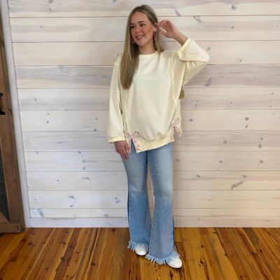 Raw Seam Detail Floral Bow Patched Baggy Pullover