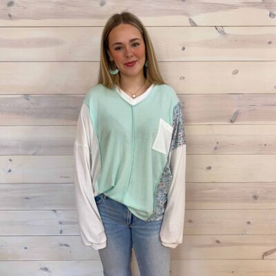 Patchwork V-Neck Long Sleeve Pullover With Front Pocket