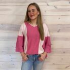 Color Block V-Neck 3/4 Sleeve Textured Top