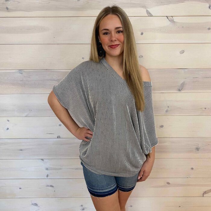 Striped Raised Rib V-Neck Batwing Top