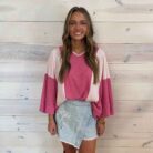 Color Block V-Neck 3/4 Sleeve Textured Top