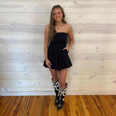 Combined Knit And Woven Tube Top Flare Mini Dress With Pockets