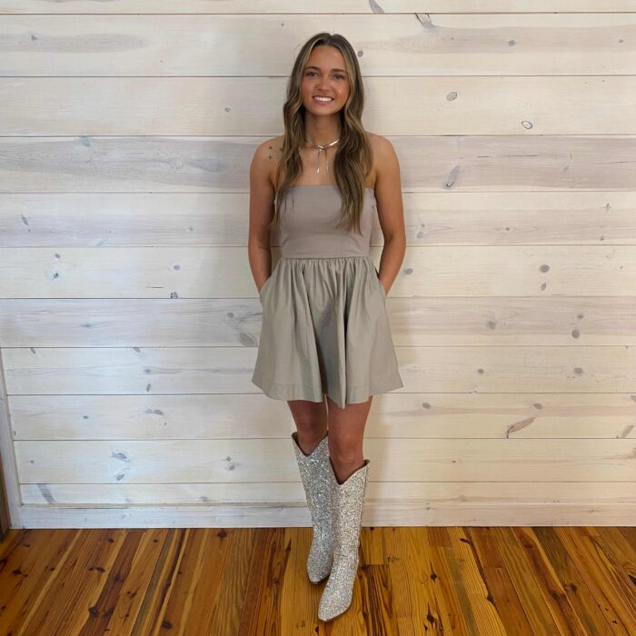 Combined Knit And Woven Tube Top Flare Mini Dress With Pockets