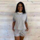 Striped Round Neck Tee And Shorts Set With Pockets