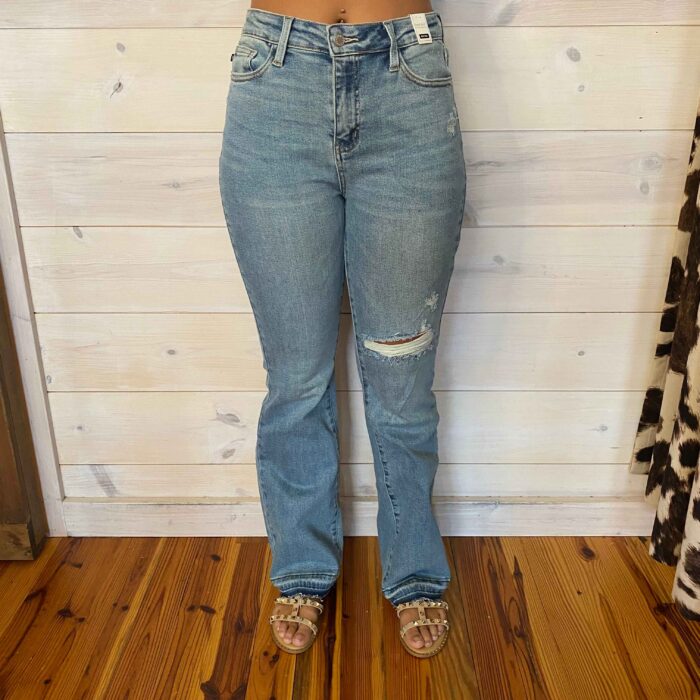 Stormy-Mid Rise Destroy And Released Hem Bootcut