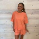 Mineral Washed Knit Casual Top And Shorts Set With Pockets