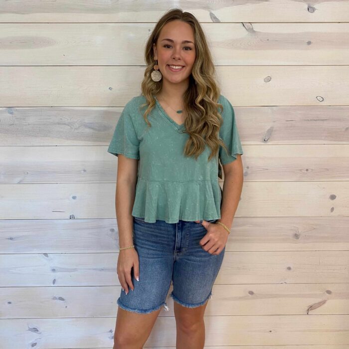 Lace Trim Detail Mineral Washed V-Neck Knit Top