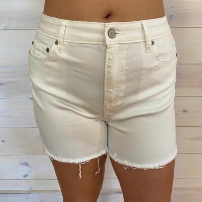 Demi-Raw Hem White Denim Shorts