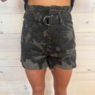 Kami-High Rise Distressed Camo Shorts With D-Ring Belt