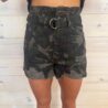 Kami-High Rise Distressed Camo Shorts With D-Ring Belt