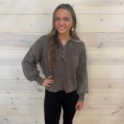 100% Cotton Washed Collared Henley Ribbed Heavyweight Long Sleeve Sweater