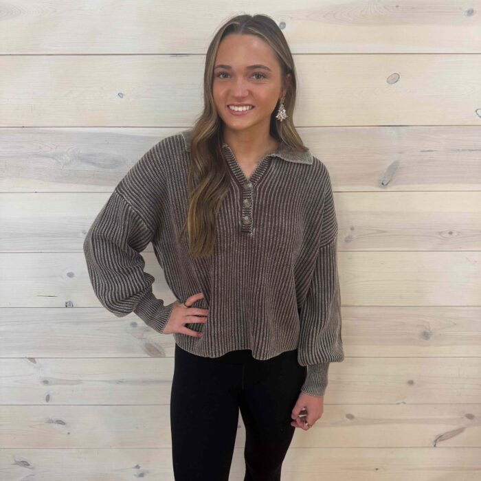 100% Cotton Washed Collared Henley Ribbed Heavyweight Long Sleeve Sweater