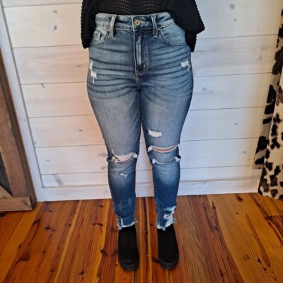 Casey-High Rise Distressed Frayed Hem Ankle Skinny