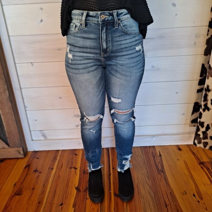 Casey-High Rise Distressed Frayed Hem Ankle Skinny