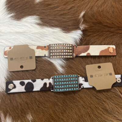 Rectangular Bar Casting With Rhinestone Pave Cowhide Leather Print Snap Bracelet