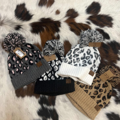 Leopard Boucle Knit POM Beanie