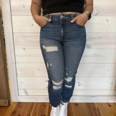 Ann-Distressed Cropped Skinny Denim Pants With Cuffed Hem
