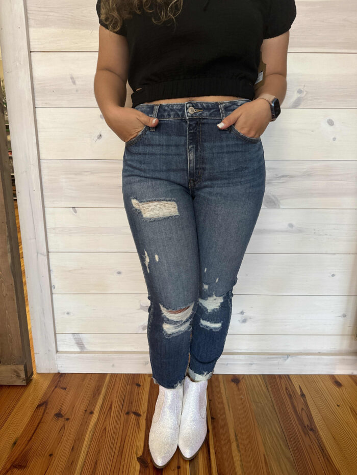 Ann-Distressed Cropped Skinny Denim Pants With Cuffed Hem