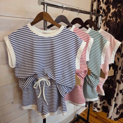 Stripe Contrast Trim Top And Shorts Set